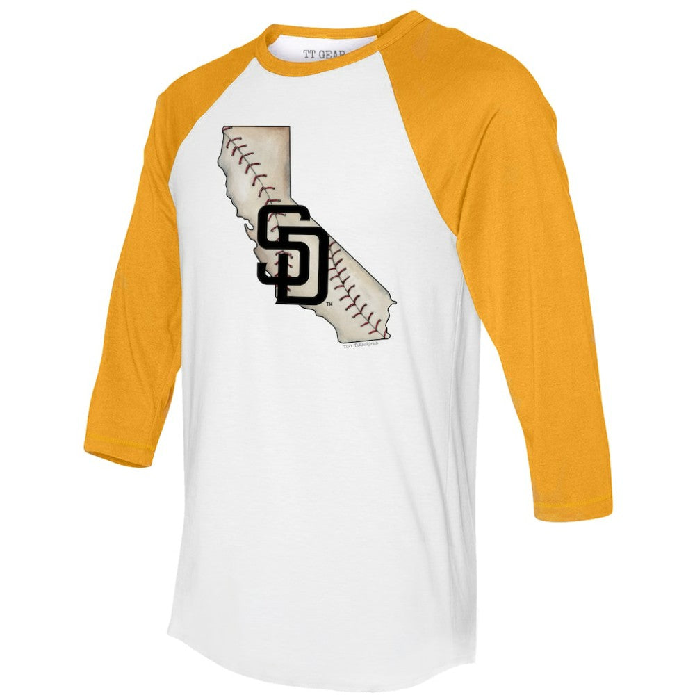 White/Gold San Diego Padres Tiny Turnip Unisex State Outline 3/4-Sleeve Raglan T-Shirt