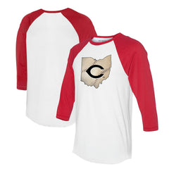 White/Red Cincinnati Reds Tiny Turnip Unisex State Outline 3/4-Sleeve Raglan T-Shirt