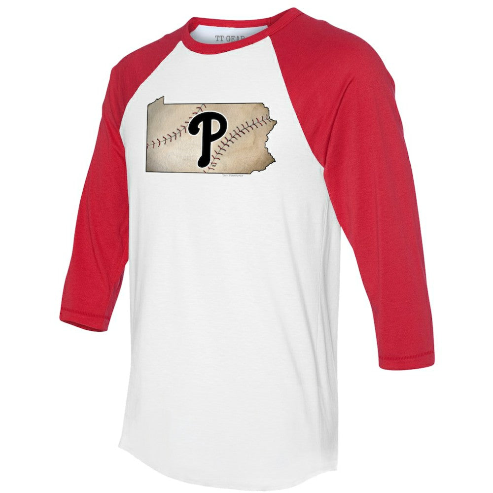 White/Red Philadelphia Phillies Tiny Turnip Unisex State Outline 3/4-Sleeve Raglan T-Shirt