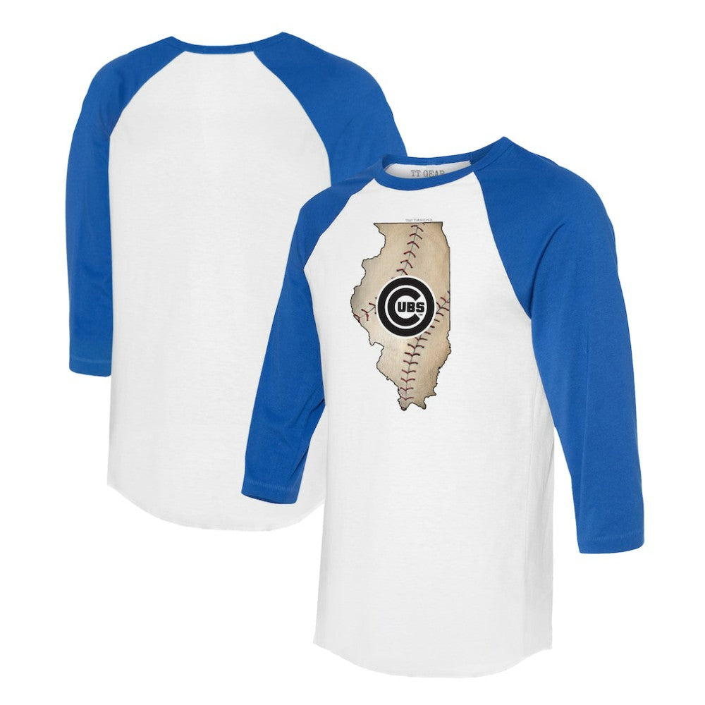 White/Royal Chicago Cubs Tiny Turnip Unisex State Outline 3/4-Sleeve Raglan T-Shirt