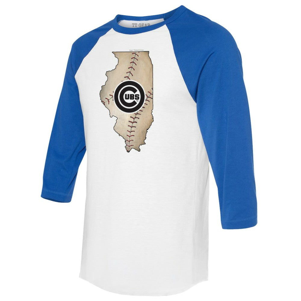 White/Royal Chicago Cubs Tiny Turnip Unisex State Outline 3/4-Sleeve Raglan T-Shirt