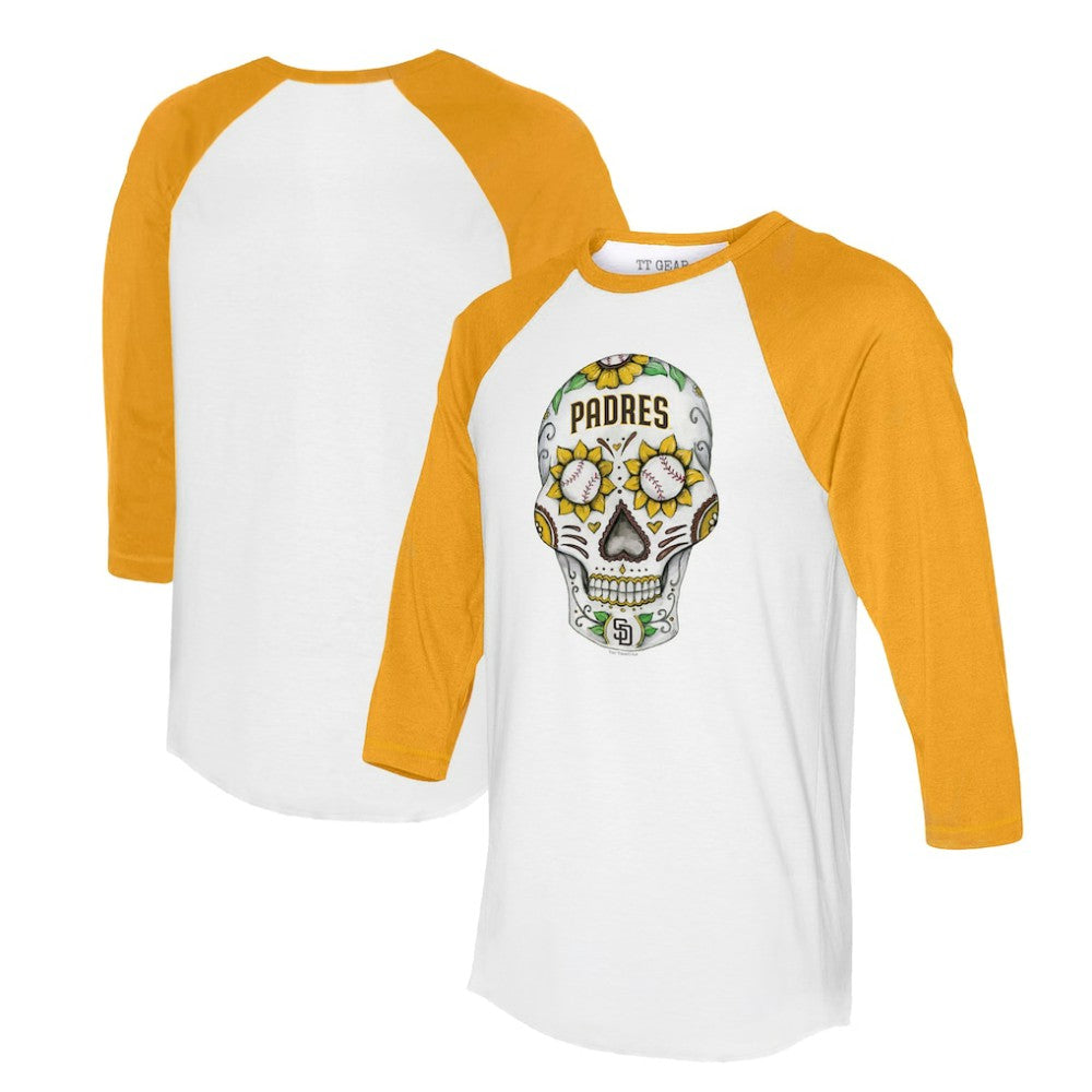 White/Gold San Diego Padres Tiny Turnip Unisex Sugar Skull 3/4-Sleeve Raglan T-Shirt