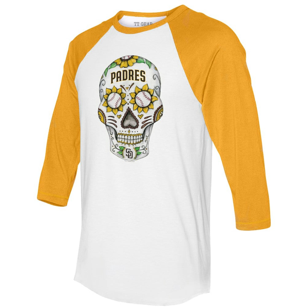 White/Gold San Diego Padres Tiny Turnip Unisex Sugar Skull 3/4-Sleeve Raglan T-Shirt
