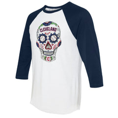White/Navy Cleveland Guardians Tiny Turnip Unisex Sugar Skull 3/4-Sleeve Raglan T-Shirt