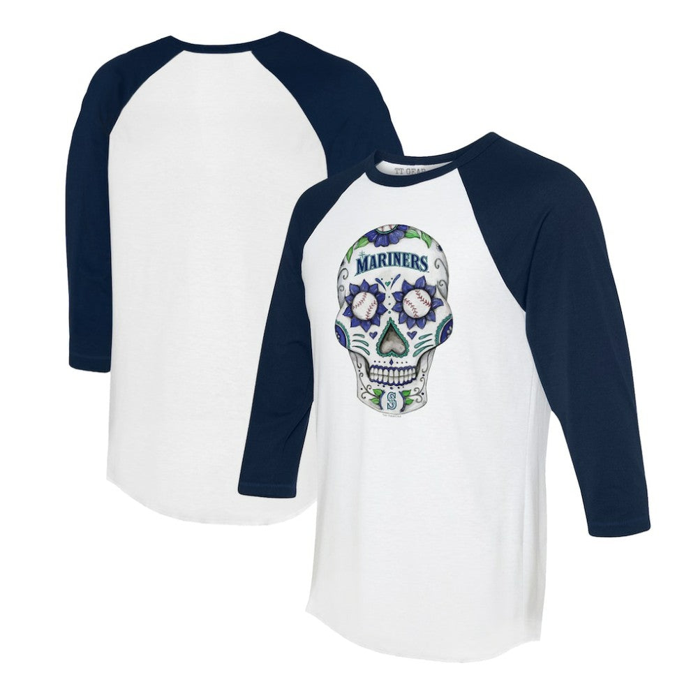 White/Navy Seattle Mariners Tiny Turnip Unisex Sugar Skull 3/4-Sleeve Raglan T-Shirt