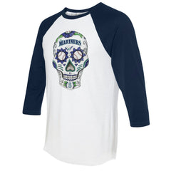 White/Navy Seattle Mariners Tiny Turnip Unisex Sugar Skull 3/4-Sleeve Raglan T-Shirt