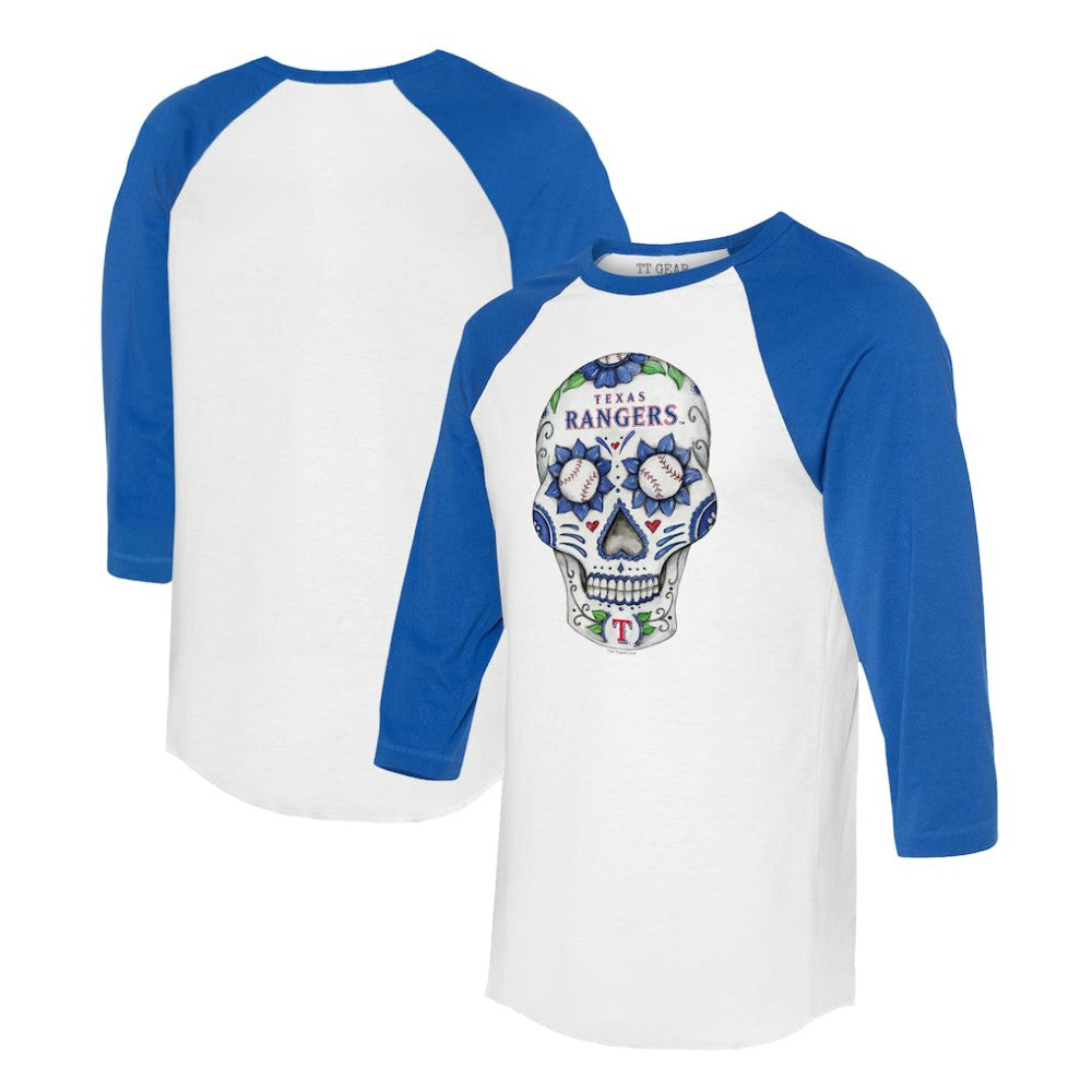 White/Royal Texas Rangers Tiny Turnip Unisex Sugar Skull 3/4-Sleeve Raglan T-Shirt