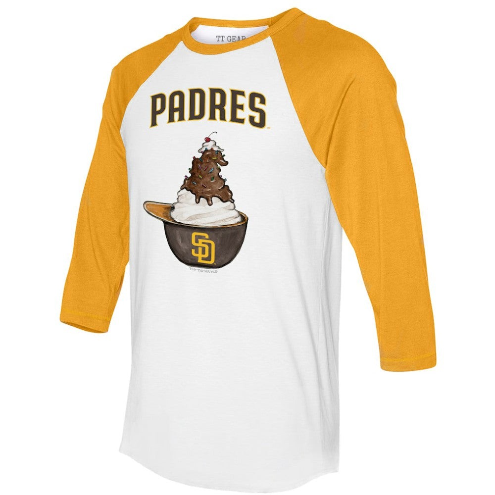 White/Gold San Diego Padres Tiny Turnip Unisex Sundae Helmet 3/4-Sleeve Raglan T-Shirt