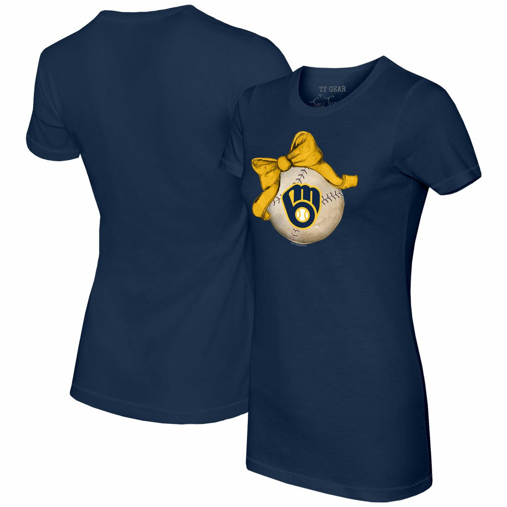 Navy Milwaukee Brewers Tiny Turnip Women's Baseball Bow T-Shirt