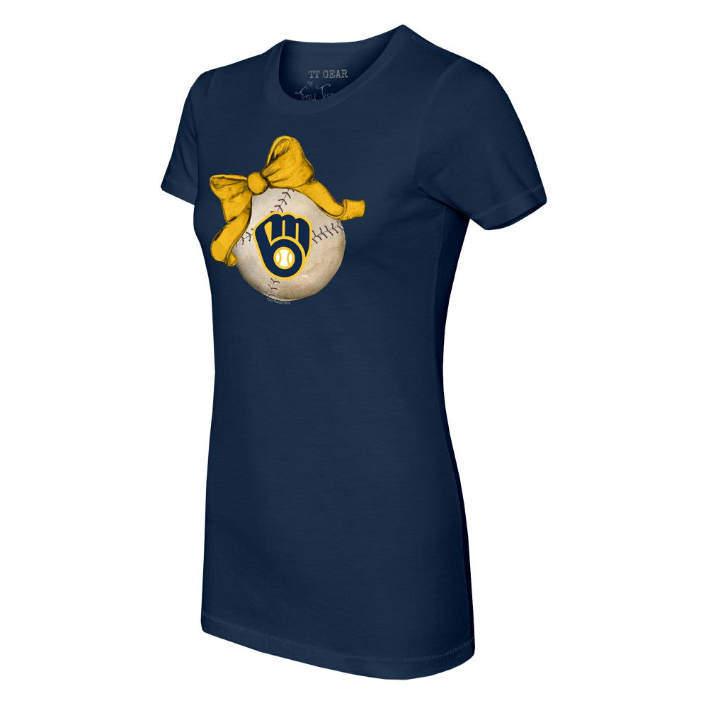 Navy Milwaukee Brewers Tiny Turnip Women's Baseball Bow T-Shirt