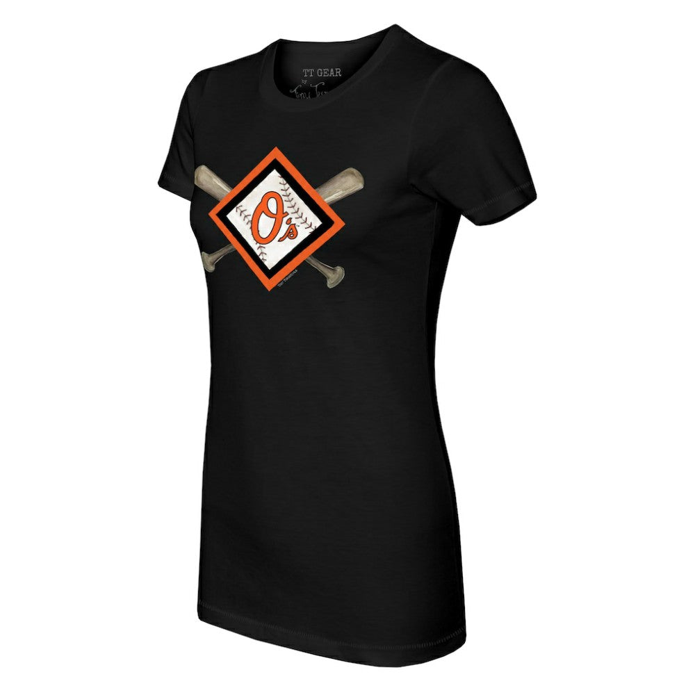 Black Baltimore Orioles Tiny Turnip Women's Diamond Cross Bats T-Shirt
