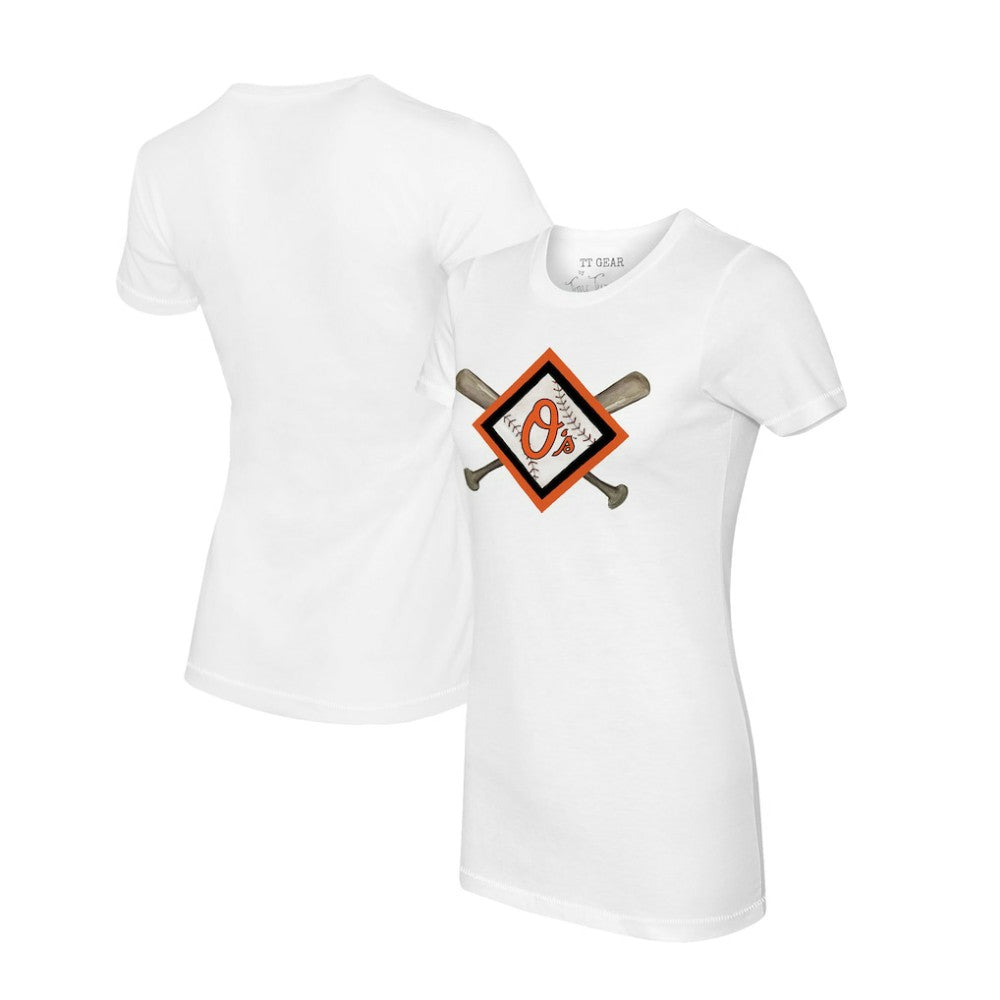 White Baltimore Orioles Tiny Turnip Women's Diamond Cross Bats T-Shirt