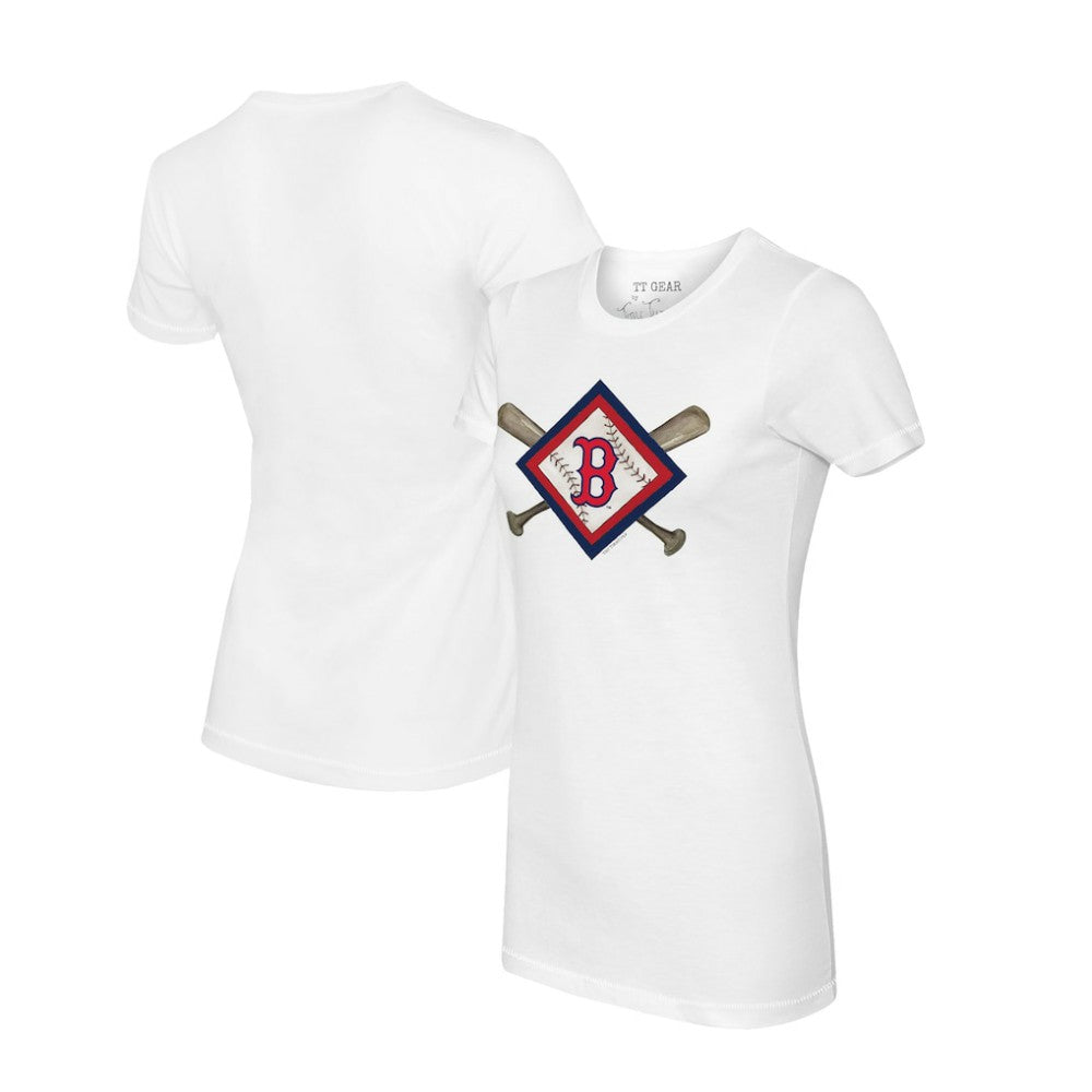 White Boston Red Sox Tiny Turnip Women's Diamond Cross Bats T-Shirt