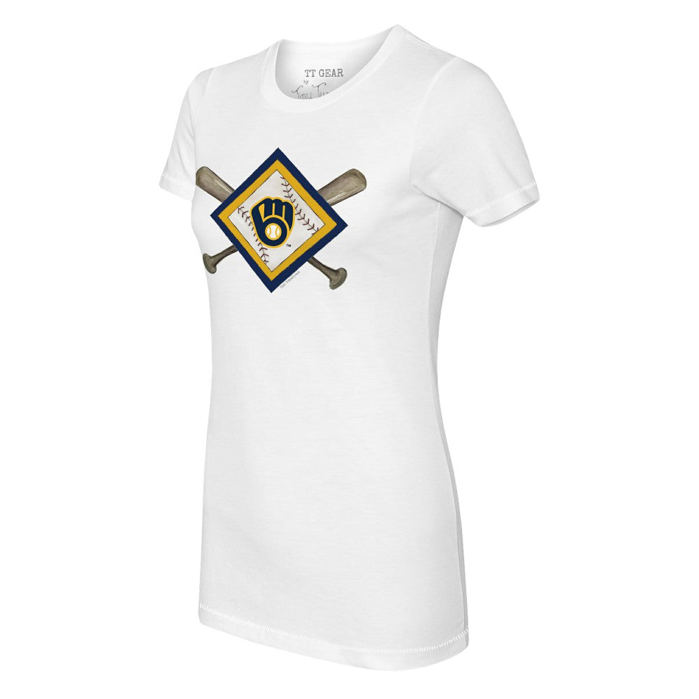 White Milwaukee Brewers Tiny Turnip Women's Diamond Cross Bats T-Shirt