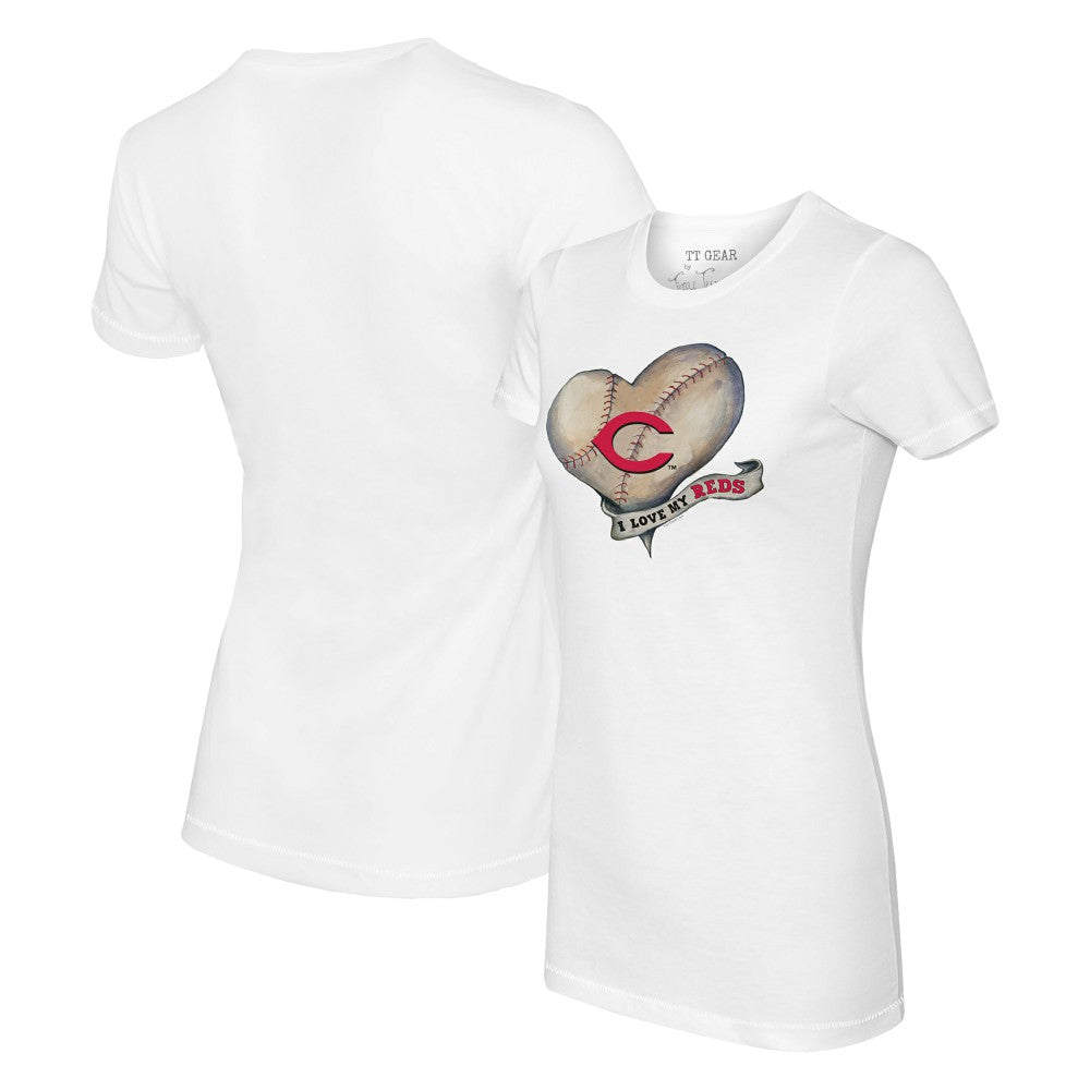 White Cincinnati Reds Tiny Turnip Women's Heart Banner T-Shirt