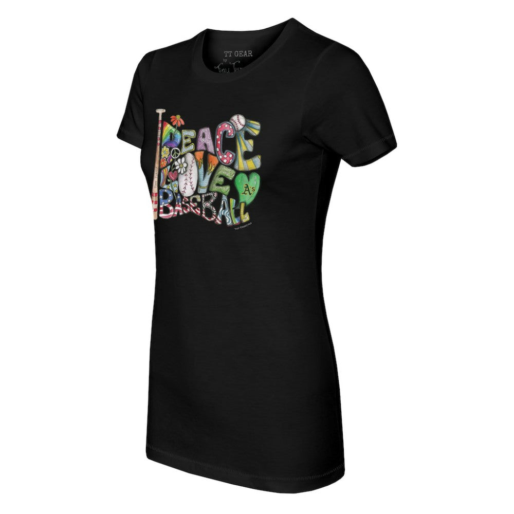 Black Athletics Tiny Turnip Women's Peace Love Baseball Fitted T-Shirt