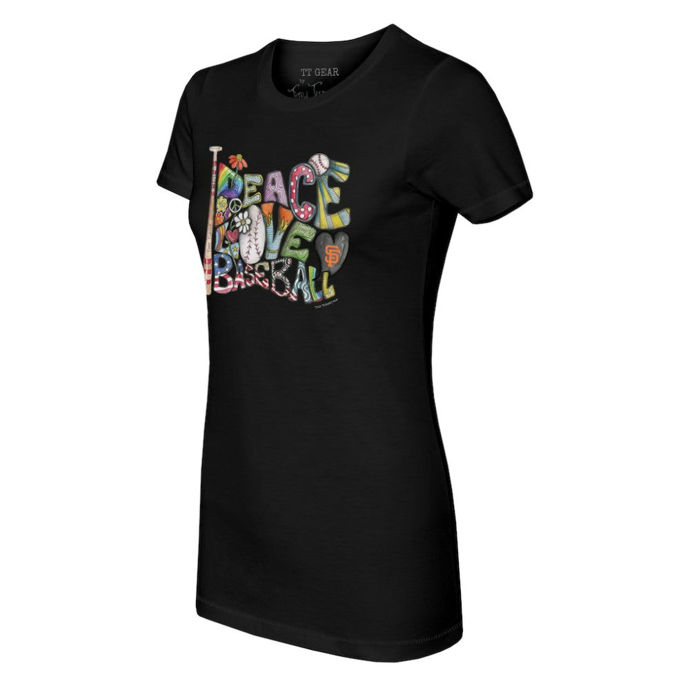 Black San Francisco Giants Tiny Turnip Women's Peace Love Baseball Fitted T-Shirt