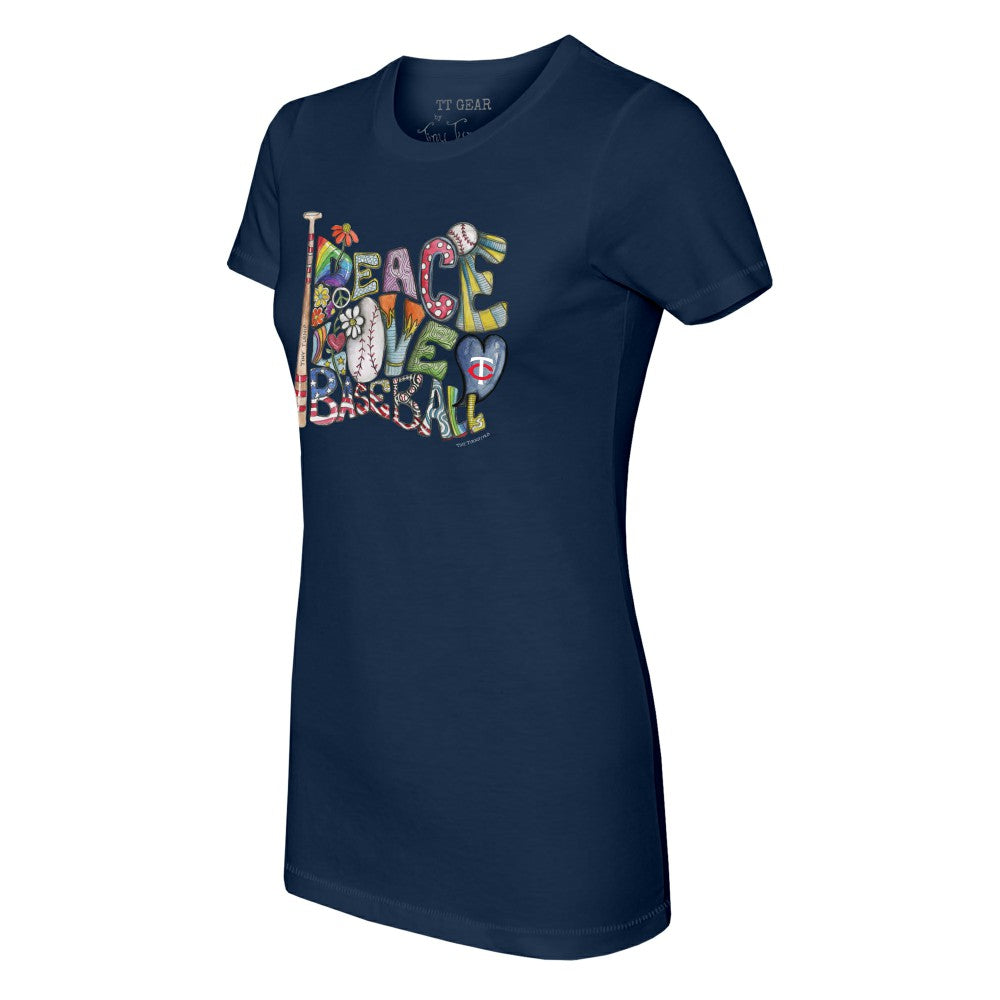 Navy Minnesota Twins Tiny Turnip Women's Peace Love Baseball Fitted T-Shirt
