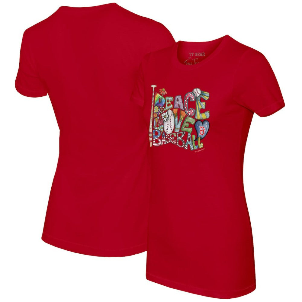 Red Boston Red Sox Tiny Turnip Women's Peace Love Baseball Fitted T-Shirt