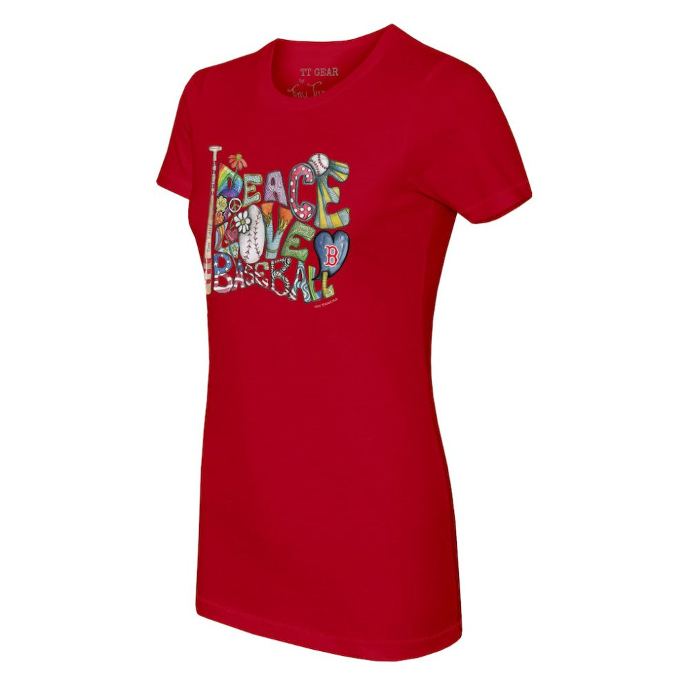 Red Boston Red Sox Tiny Turnip Women's Peace Love Baseball Fitted T-Shirt