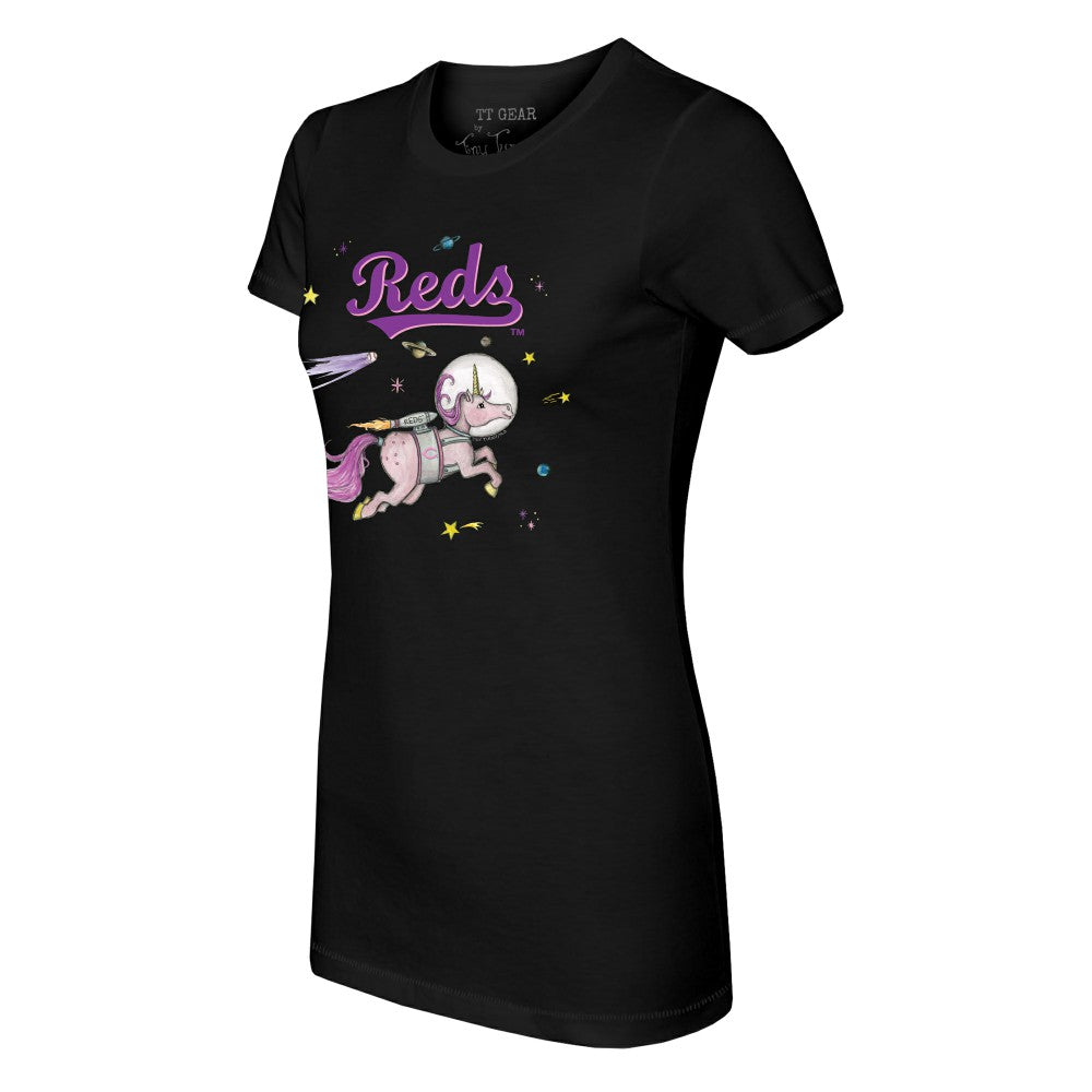 Black Cincinnati Reds Tiny Turnip Women's Space Unicorn T-Shirt