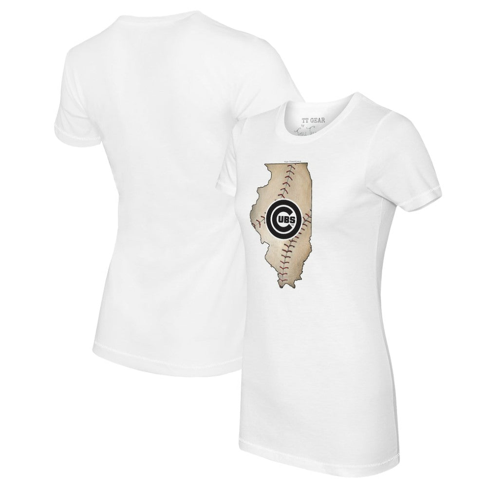 White Chicago Cubs Tiny Turnip Women's State Outline T-Shirt