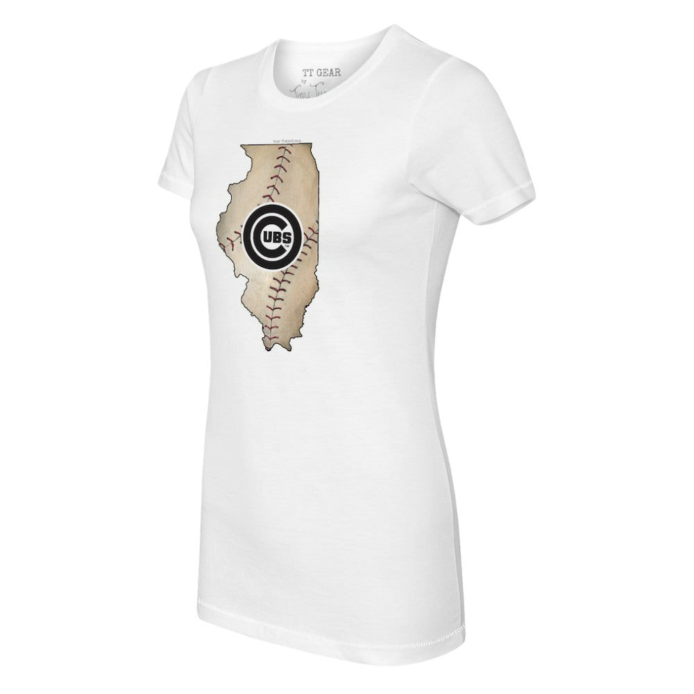 White Chicago Cubs Tiny Turnip Women's State Outline T-Shirt