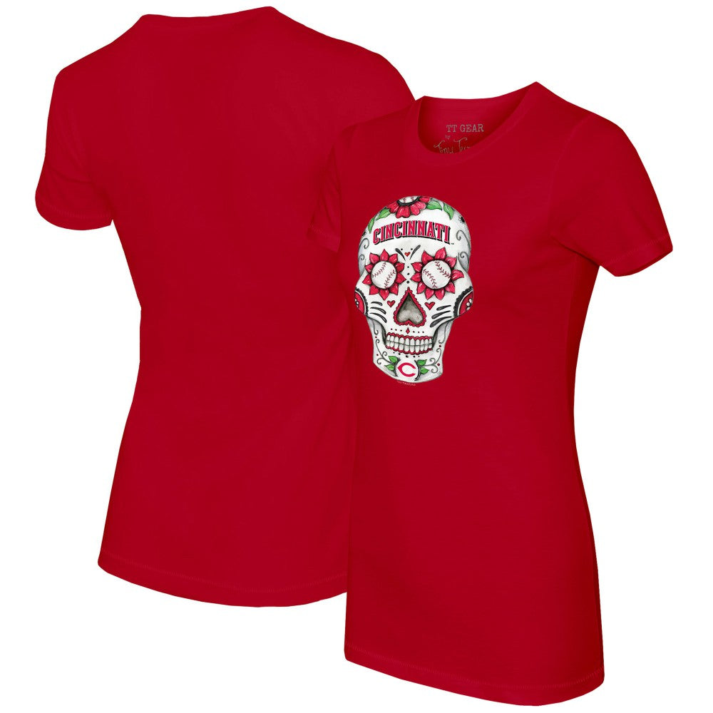 Red Cincinnati Reds Tiny Turnip Women's Sugar Skull T-Shirt
