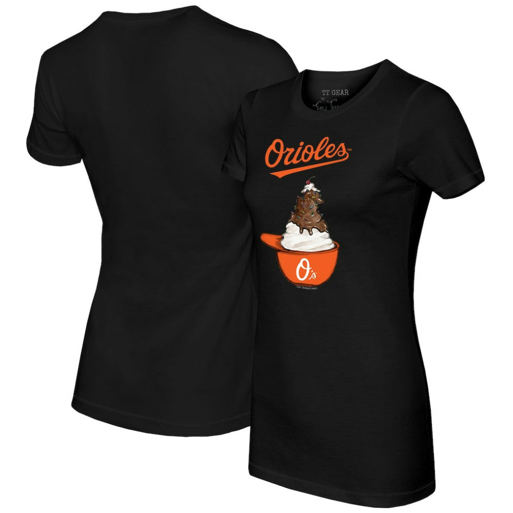 Black Baltimore Orioles Tiny Turnip Women's Sundae Helmet T-Shirt