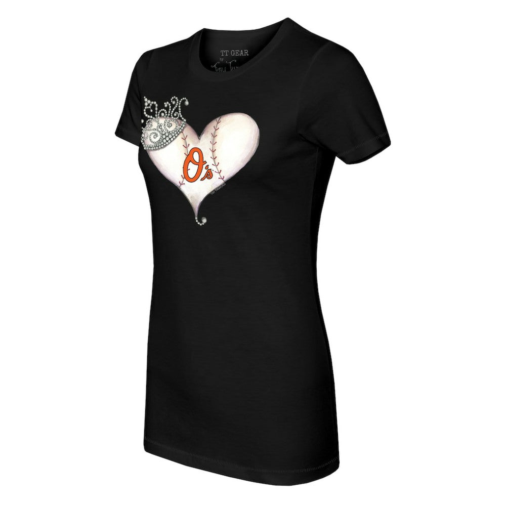 Black Baltimore Orioles Tiny Turnip Women's Tiara Heart T-Shirt