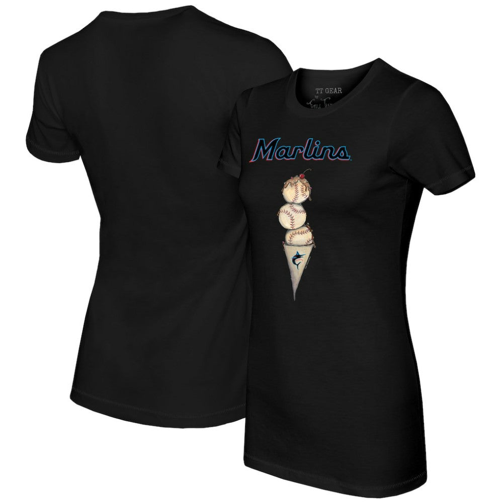 Black Miami Marlins Tiny Turnip Women's Triple Scoop T-Shirt