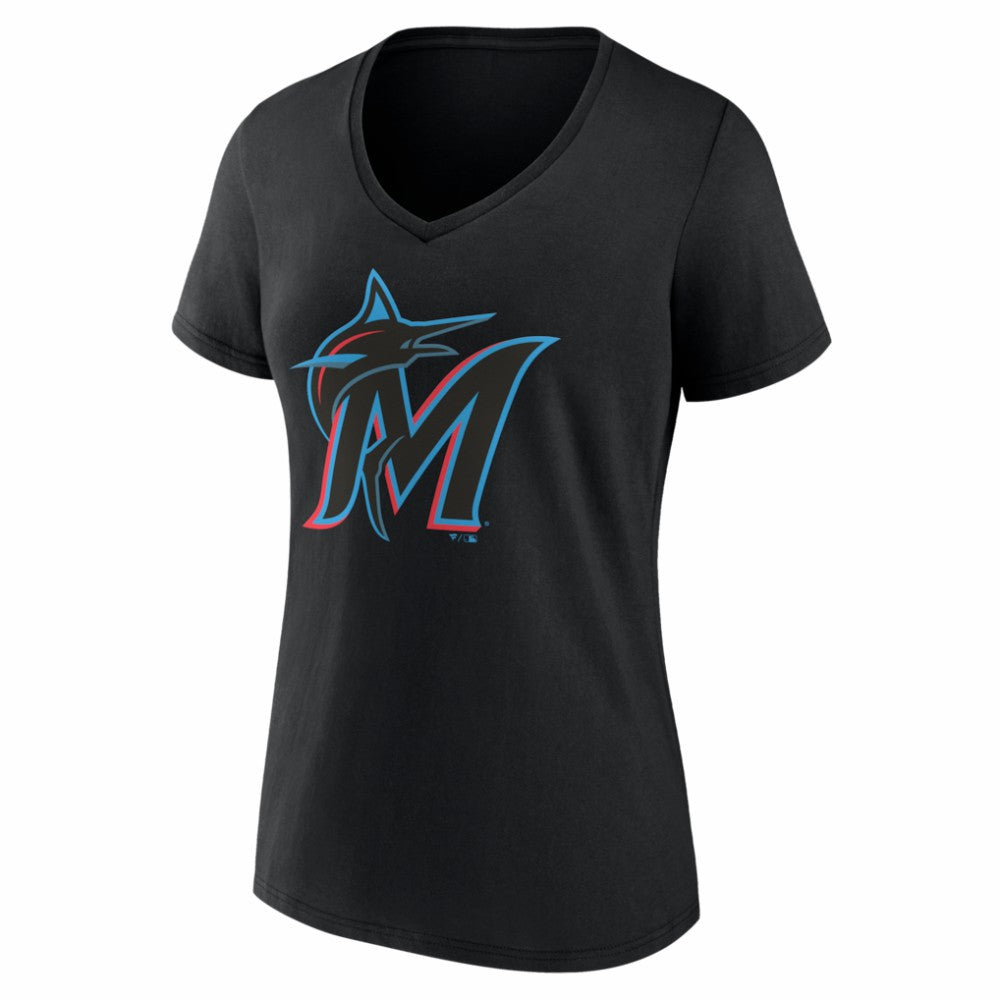 Black Miami Marlins Women's Logo V-Neck T-Shirt