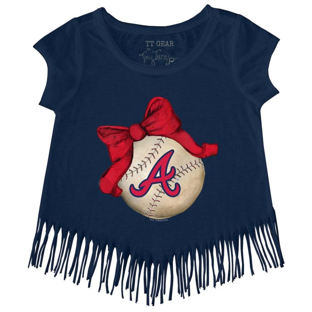 Navy Atlanta Braves Tiny Turnip Girls Youth Baseball Bow Fringe T-Shirt