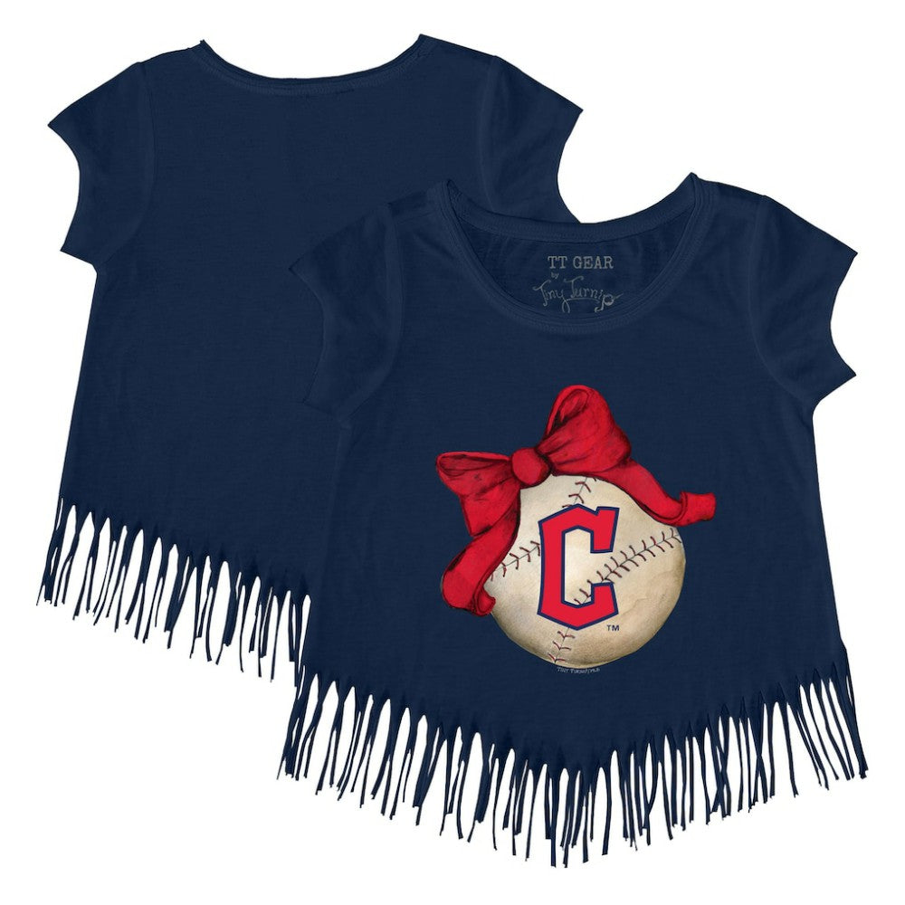 Navy Cleveland Guardians Tiny Turnip Girls Youth Baseball Bow Fringe T-Shirt