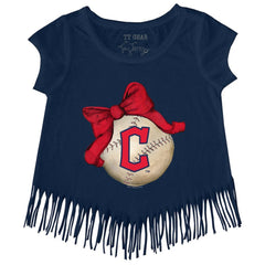Navy Cleveland Guardians Tiny Turnip Girls Youth Baseball Bow Fringe T-Shirt