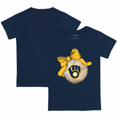 Navy Milwaukee Brewers Tiny Turnip Youth Baseball Bow T-Shirt
