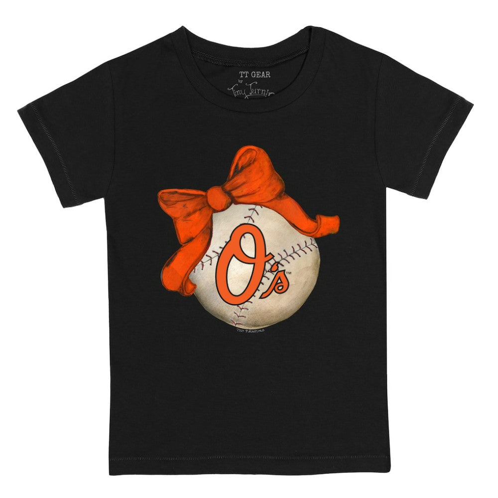 Black Baltimore Orioles Tiny Turnip Youth Baseball Bow T-Shirt
