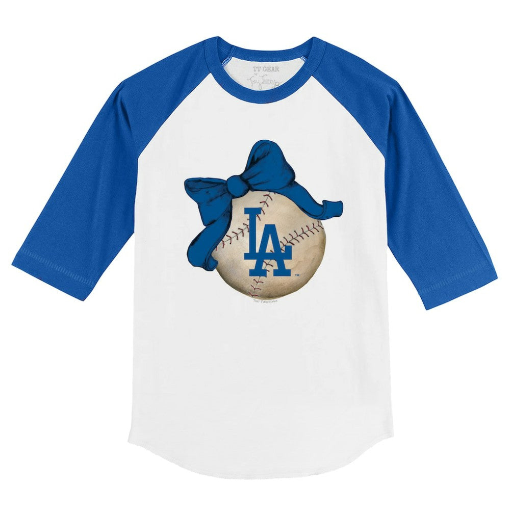 White/Royal Los Angeles Dodgers Tiny Turnip Youth Baseball Bow 3/4-Sleeve Raglan T-Shirt