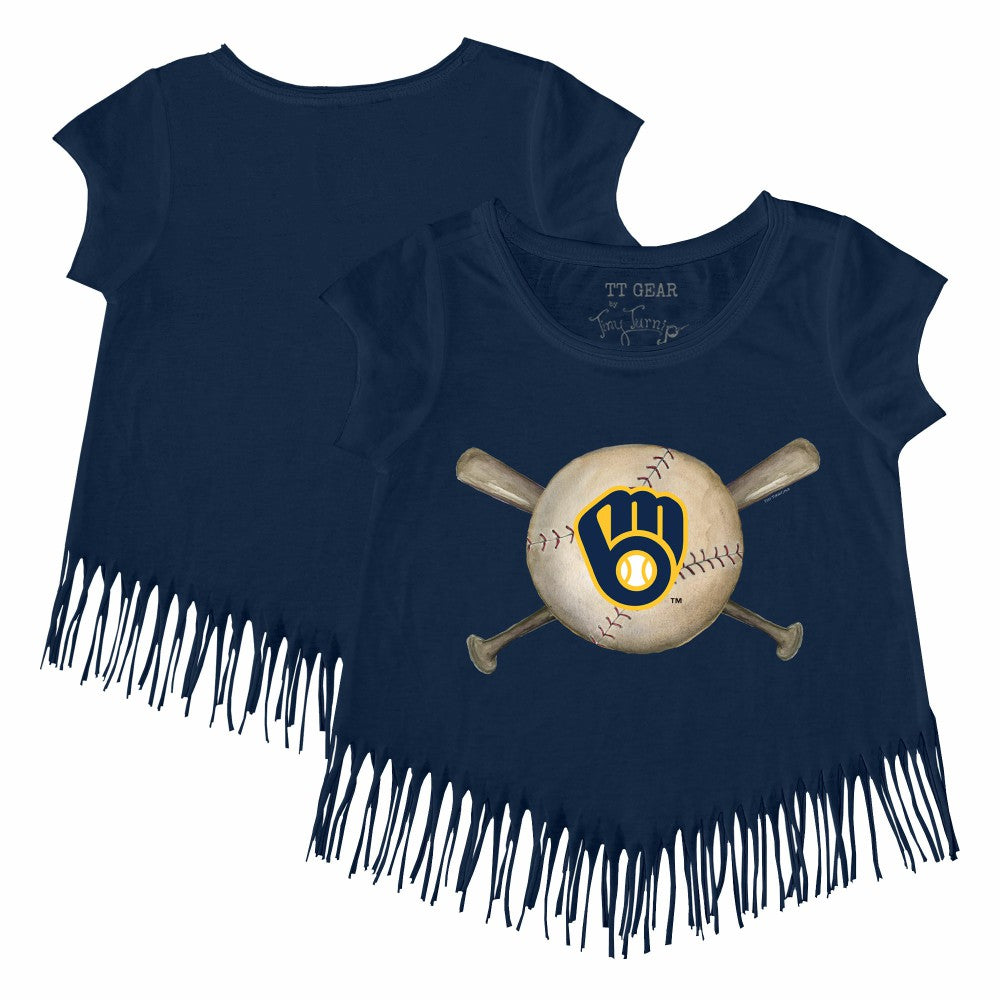 Navy Milwaukee Brewers Tiny Turnip Girls Youth Baseball Cross Bats Fringe T-Shirt