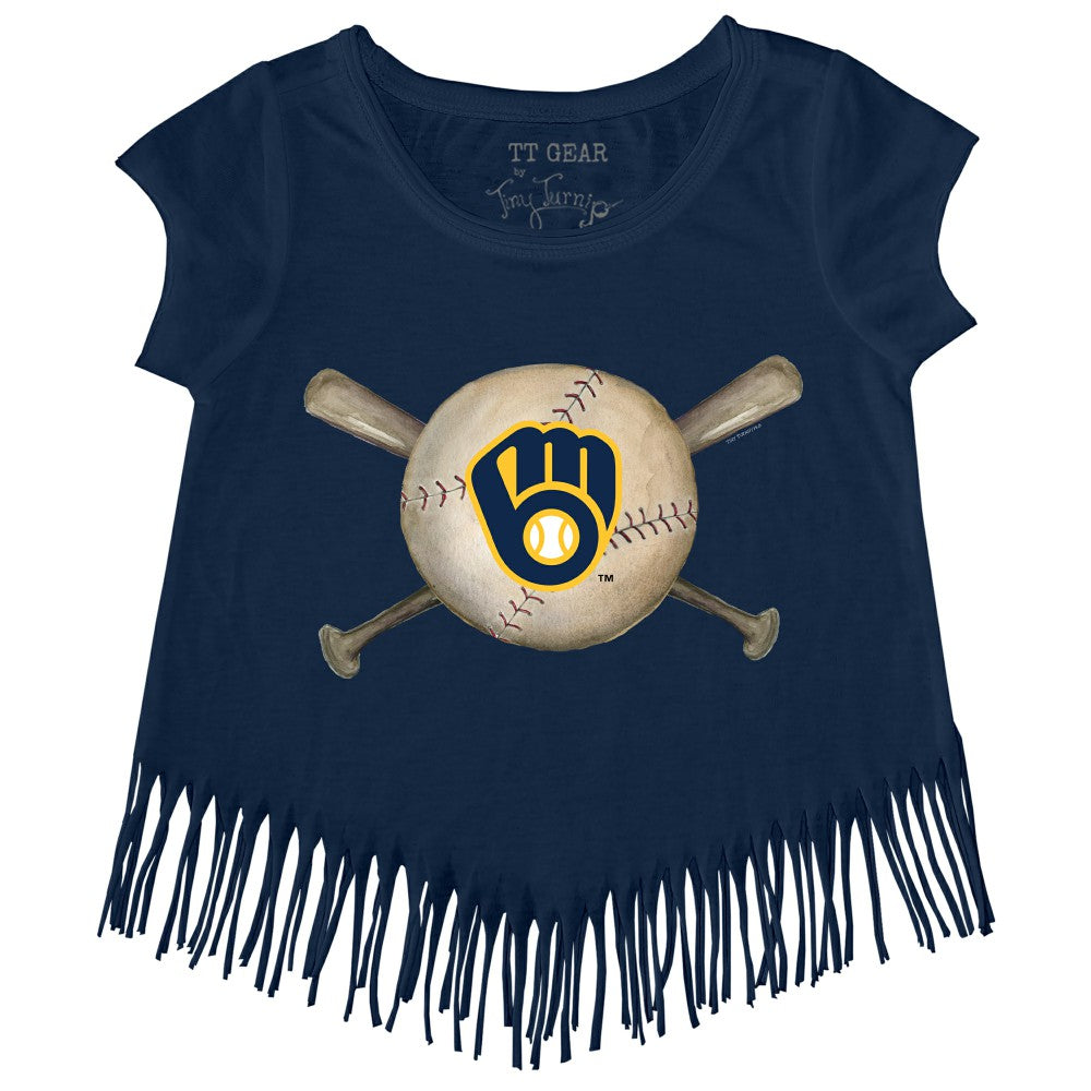 Navy Milwaukee Brewers Tiny Turnip Girls Youth Baseball Cross Bats Fringe T-Shirt
