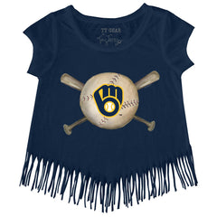 Navy Milwaukee Brewers Tiny Turnip Girls Youth Baseball Cross Bats Fringe T-Shirt
