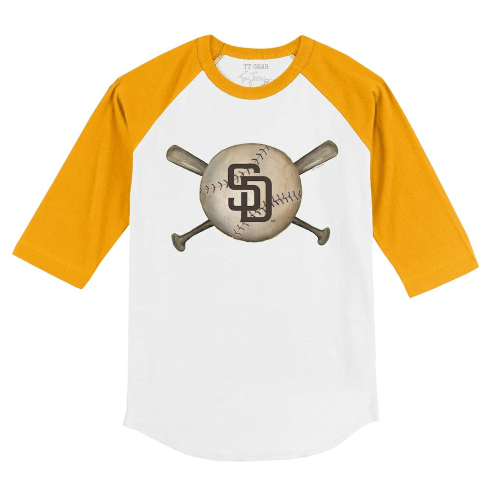 White/Gold San Diego Padres Tiny Turnip Youth Baseball Cross Bats 3/4-Sleeve Raglan T-Shirt