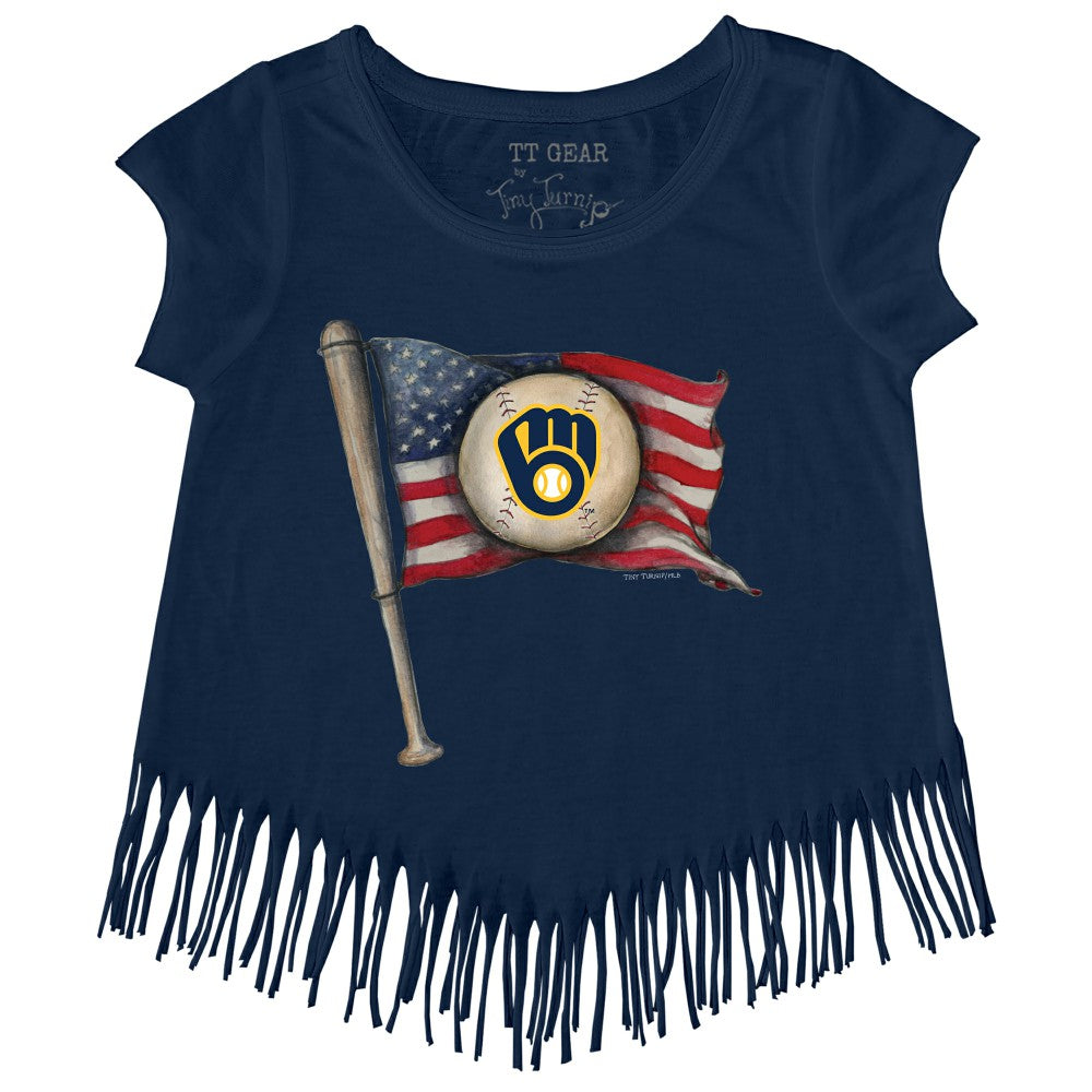Navy Milwaukee Brewers Tiny Turnip Girls Youth Baseball Flag Fringe T-Shirt