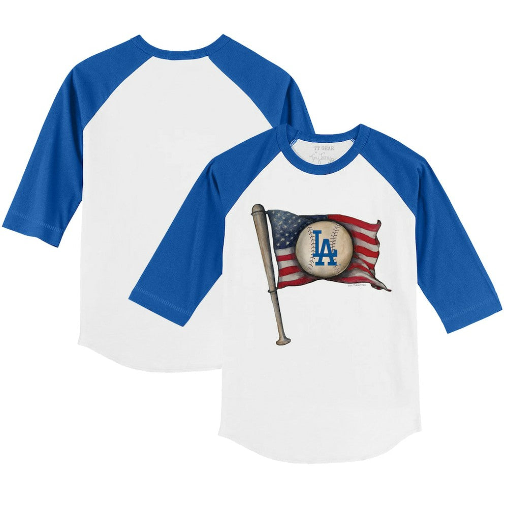 White/Royal Los Angeles Dodgers Tiny Turnip Youth Baseball Flag 3/4-Sleeve Raglan T-Shirt