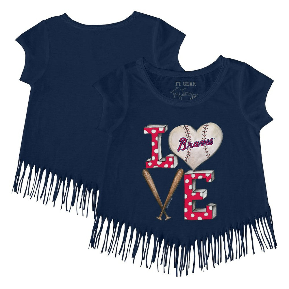 Navy Atlanta Braves Tiny Turnip Girls Youth Baseball Love Fringe T-Shirt