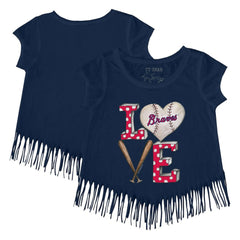Navy Atlanta Braves Tiny Turnip Girls Youth Baseball Love Fringe T-Shirt