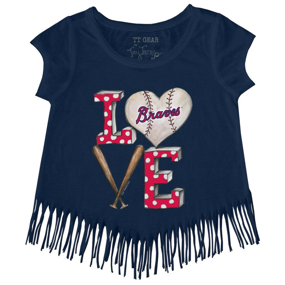 Navy Atlanta Braves Tiny Turnip Girls Youth Baseball Love Fringe T-Shirt