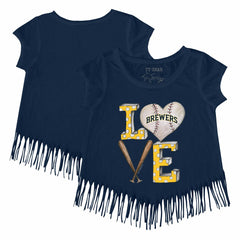 Navy Milwaukee Brewers Tiny Turnip Girls Youth Baseball Love Fringe T-Shirt