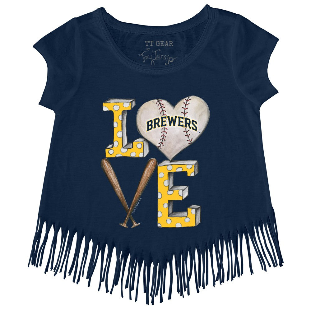 Navy Milwaukee Brewers Tiny Turnip Girls Youth Baseball Love Fringe T-Shirt