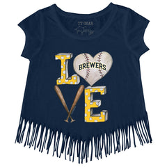 Navy Milwaukee Brewers Tiny Turnip Girls Youth Baseball Love Fringe T-Shirt